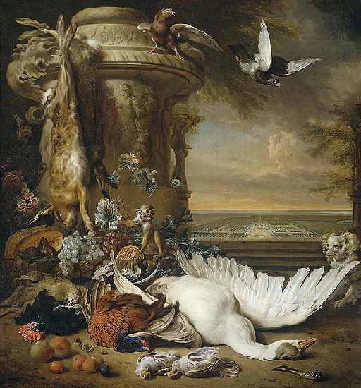Jan Weenix A monkey and a dog beside dead game and fruit, with the estate of Rijxdorp near Wassenaar in the background China oil painting art
